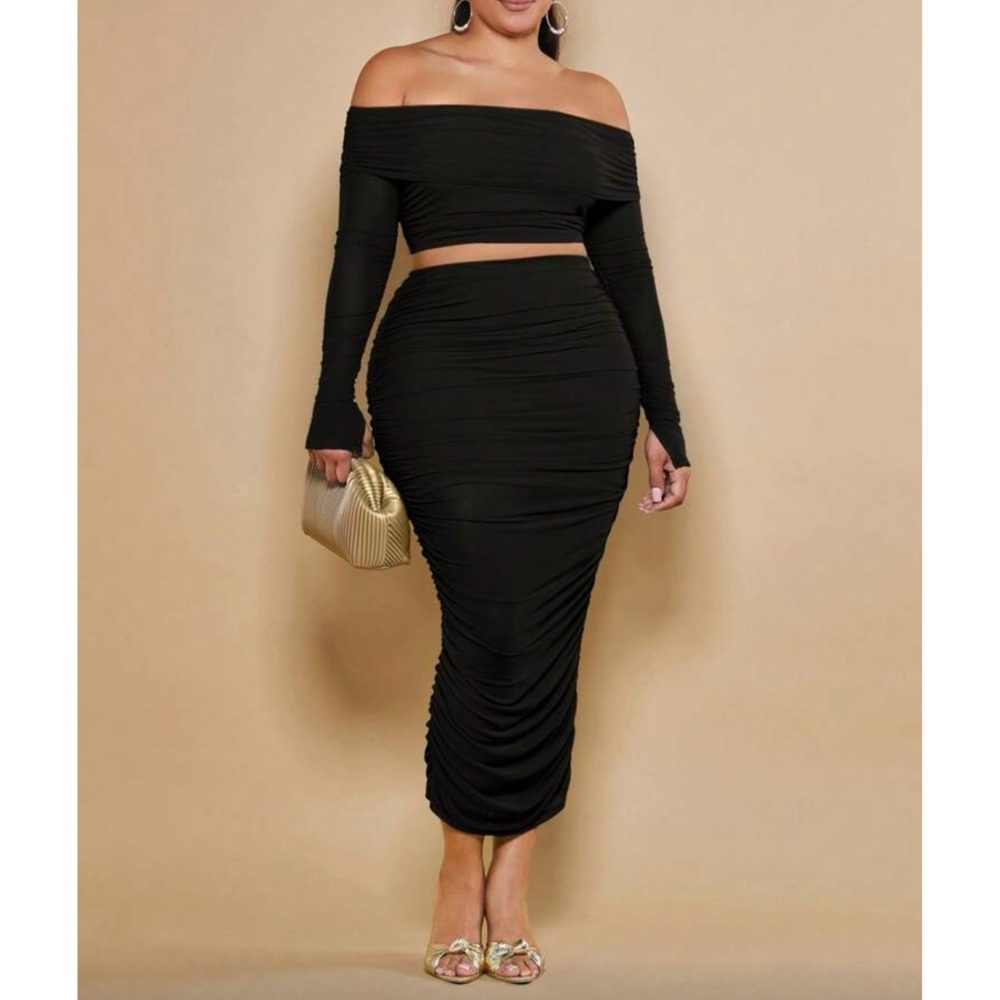 Plus Black Off Shoulder Bodycon Top Skirt Set 1X 2X 3X 4X